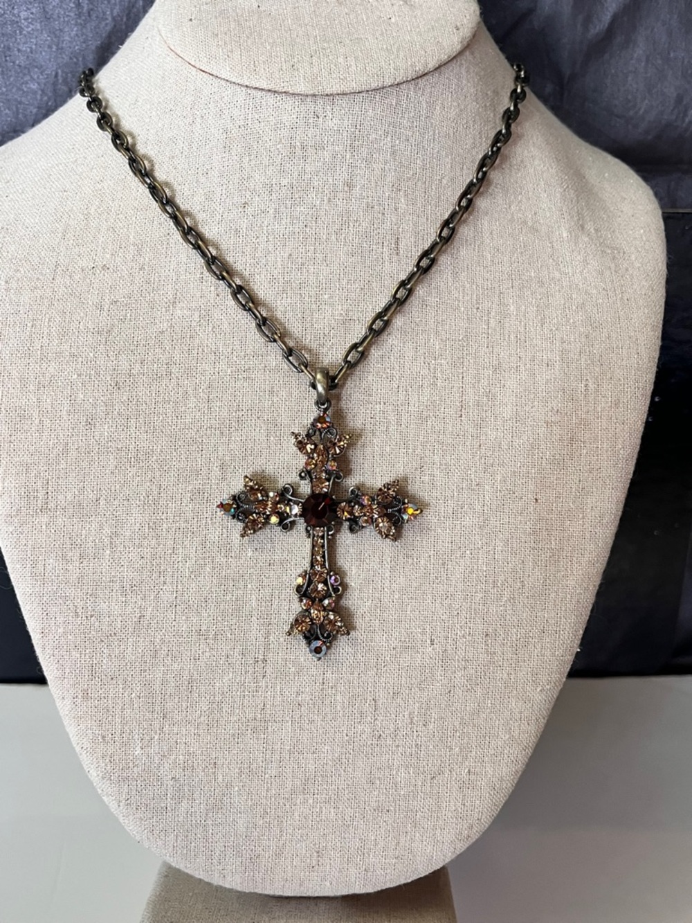 Vintage-Inspired Brown Crystal Cross Necklace & EARRINGS